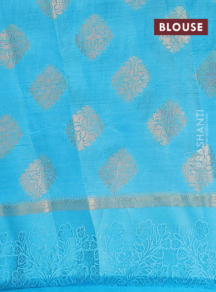 Semi raw silk saree teal blue with zari woven buttas and zari woven simple border