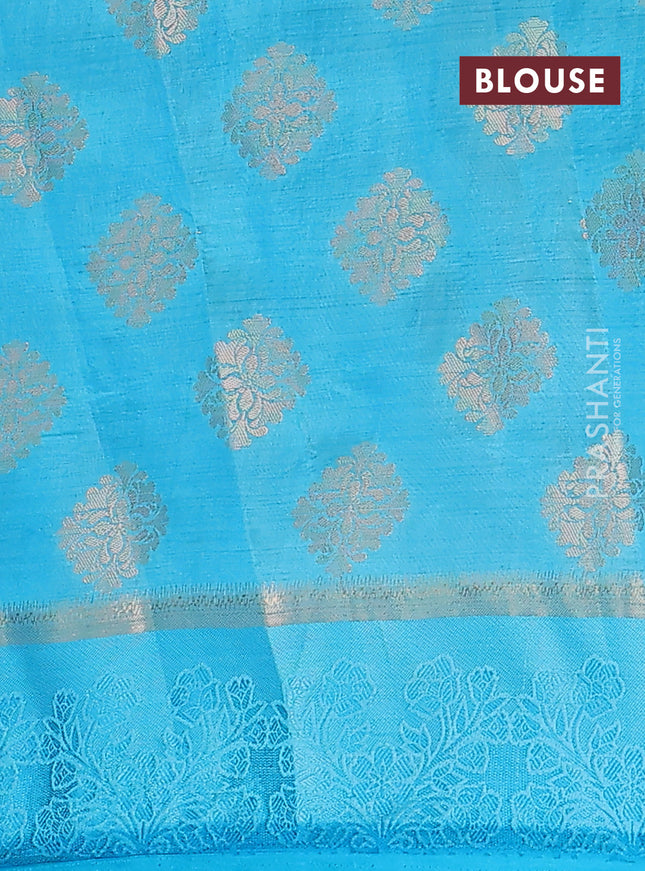 Semi raw silk saree teal blue with zari woven buttas and zari woven simple border