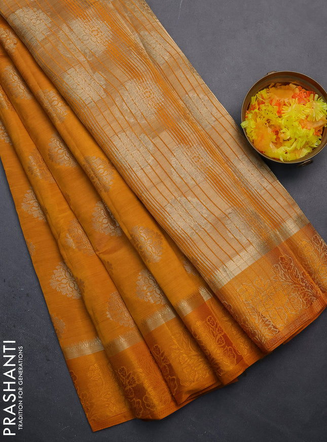 Semi raw silk saree mustard yellow with zari woven buttas and zari woven simple border