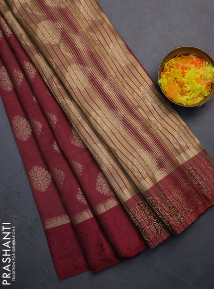 Semi raw silk saree deep maroon with zari woven buttas and zari woven simple border