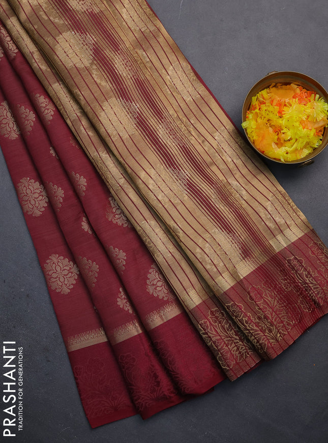 Semi raw silk saree deep maroon with zari woven buttas and zari woven simple border
