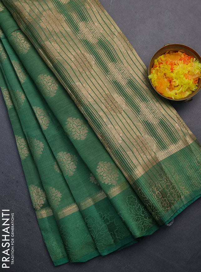 Semi raw silk saree green with zari woven buttas and zari woven simple border