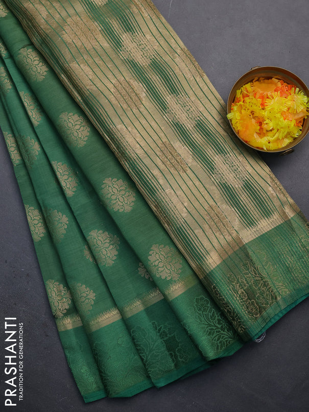 Semi raw silk saree green with zari woven buttas and zari woven simple border
