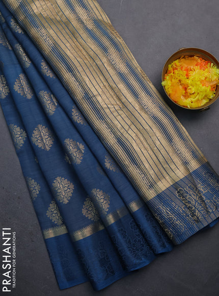 Semi raw silk saree peacock blue with zari woven buttas and zari woven simple border