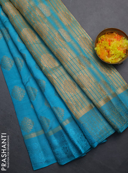 Semi raw silk saree cs blue with zari woven buttas and zari woven simple border