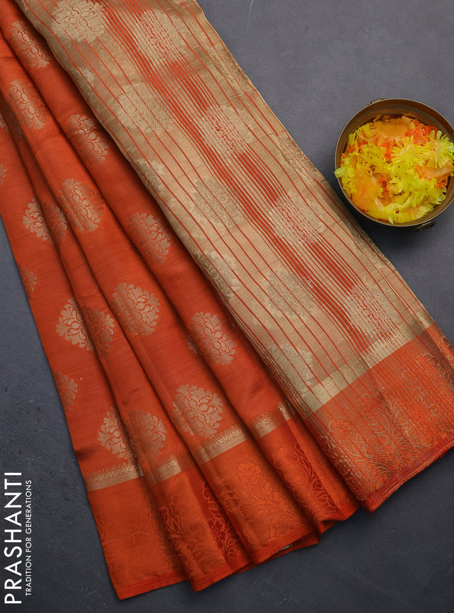 Semi raw silk saree rustic orange with zari woven buttas and zari woven simple border