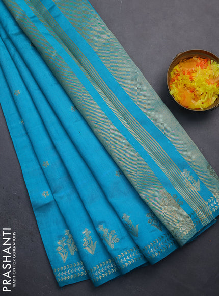 Semi raw silk saree teal blue with zari woven buttas and zari woven border