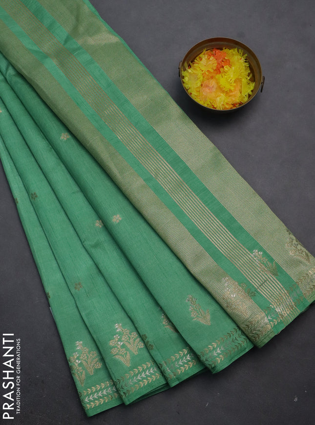 Semi raw silk saree teal green shade with zari woven buttas and zari woven border