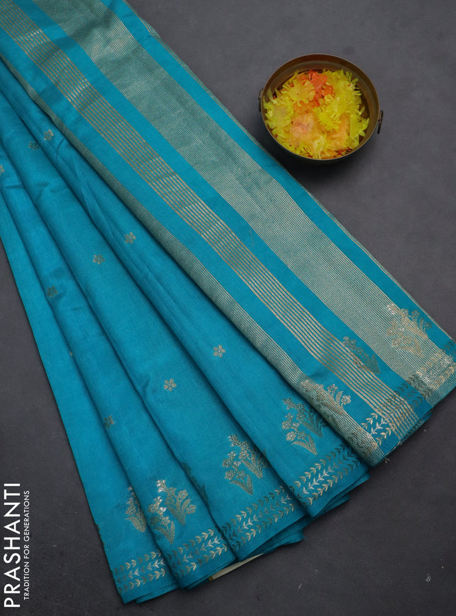 Semi raw silk saree teal blue with zari woven buttas and zari woven border