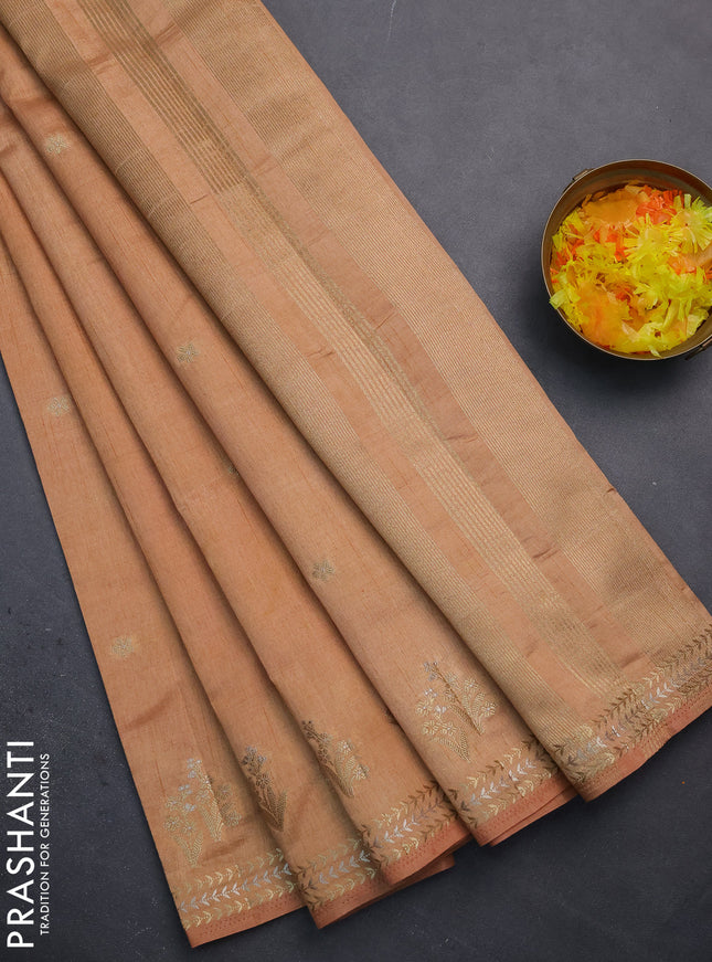 Semi raw silk saree sandal with zari woven buttas and zari woven border