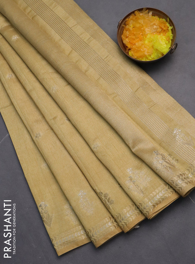 Semi raw silk saree sandal with zari woven buttas and zari woven border