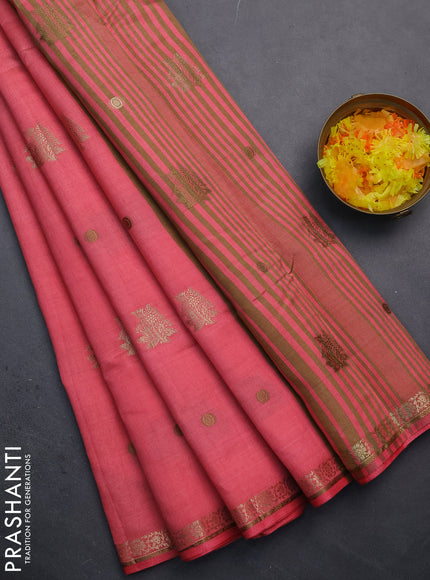 Semi raw silk saree peach pink with woven buttas and zari woven border