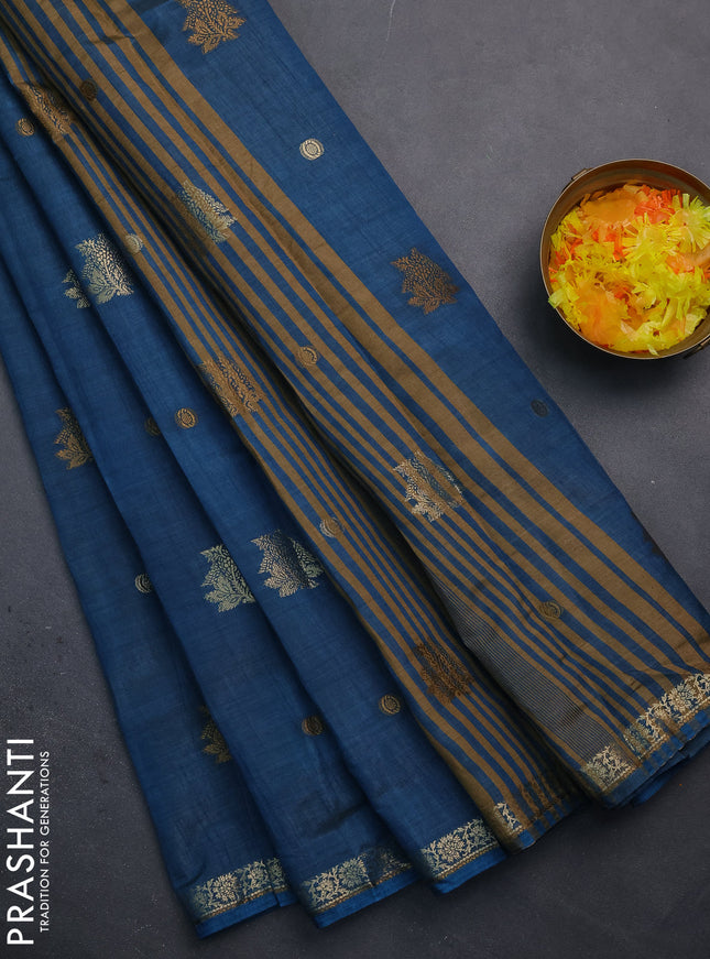 Semi raw silk saree cs blue with woven buttas and zari woven border