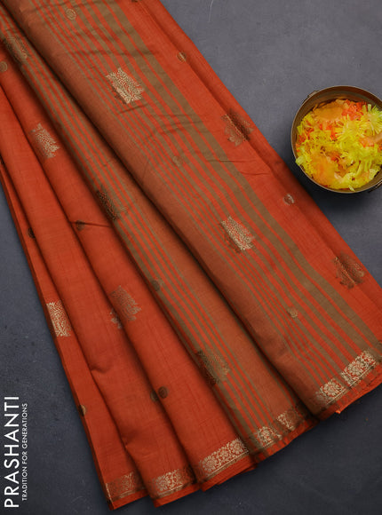 Semi raw silk saree rustic orange with woven buttas and zari woven border