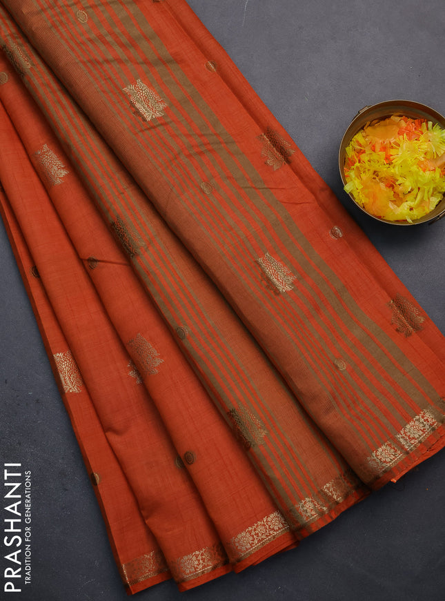 Semi raw silk saree rustic orange with woven buttas and zari woven border