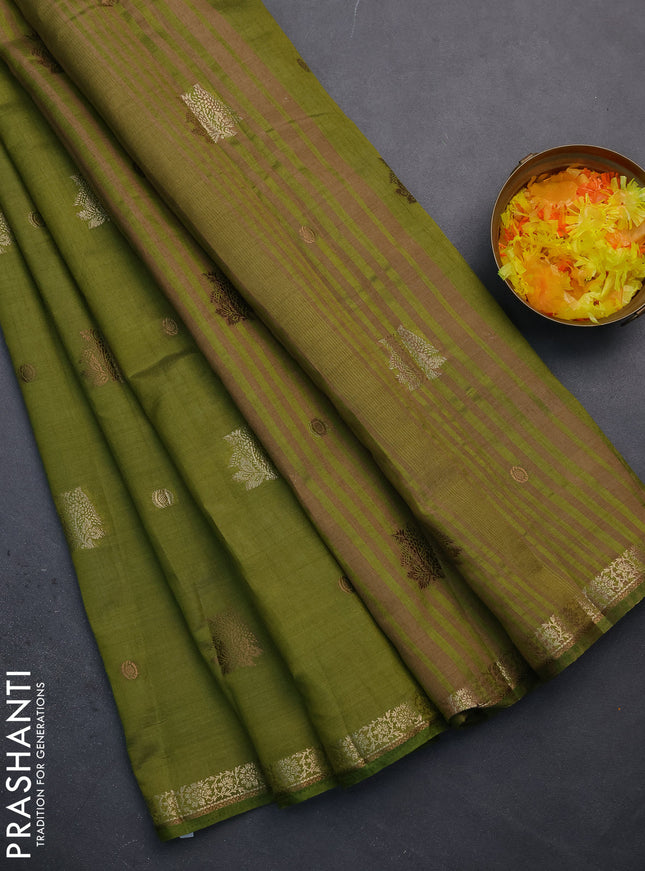 Semi raw silk saree mehendi green with woven buttas and zari woven border