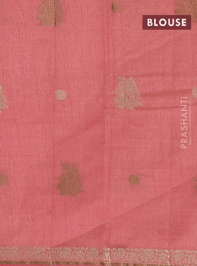Semi raw silk saree peach pink with woven buttas and zari woven border