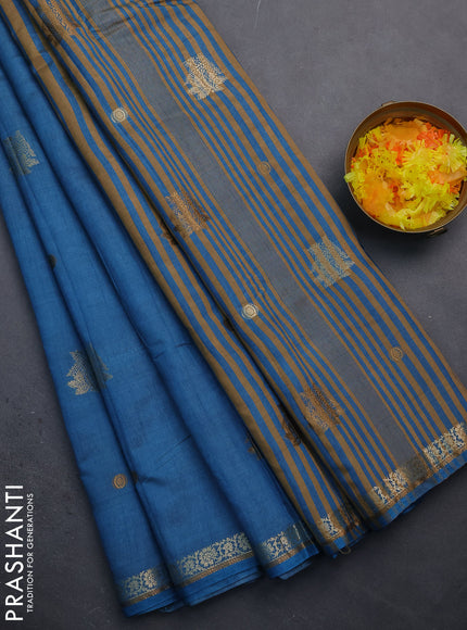 Semi raw silk saree blue shade with woven buttas and zari woven border