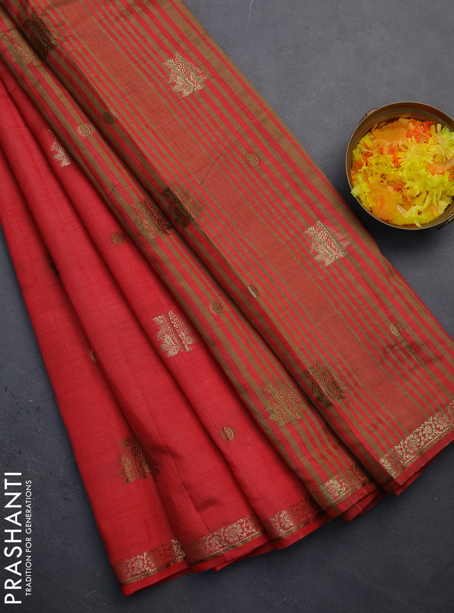 Semi raw silk saree red with woven buttas and zari woven border