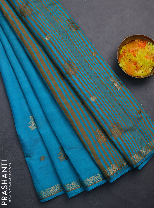 Semi raw silk saree teal blue with woven buttas and zari woven border