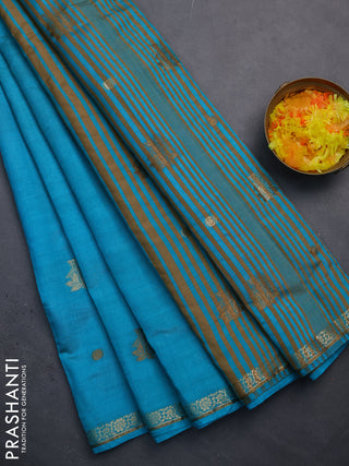 Semi raw silk saree teal blue with woven buttas and zari woven border