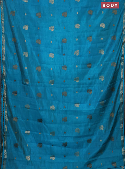 Semi raw silk saree teal blue with woven buttas and zari woven border