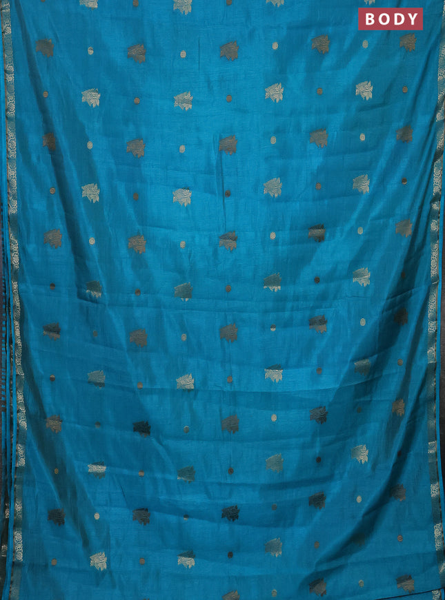 Semi raw silk saree teal blue with woven buttas and zari woven border