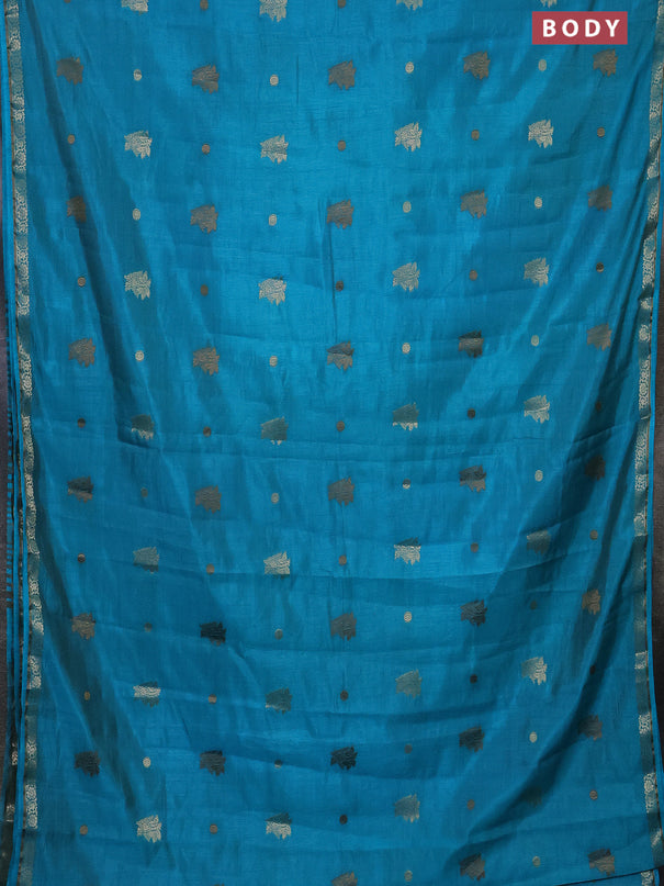 Semi raw silk saree teal blue with woven buttas and zari woven border