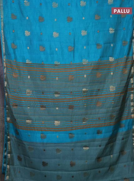 Semi raw silk saree teal blue with woven buttas and zari woven border