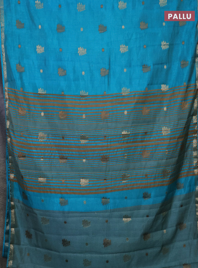 Semi raw silk saree teal blue with woven buttas and zari woven border