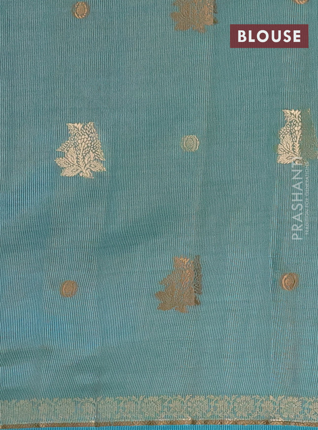 Semi raw silk saree teal blue with woven buttas and zari woven border