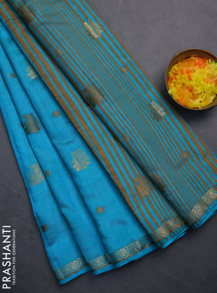 Semi raw silk saree cs blue with woven buttas and zari woven border