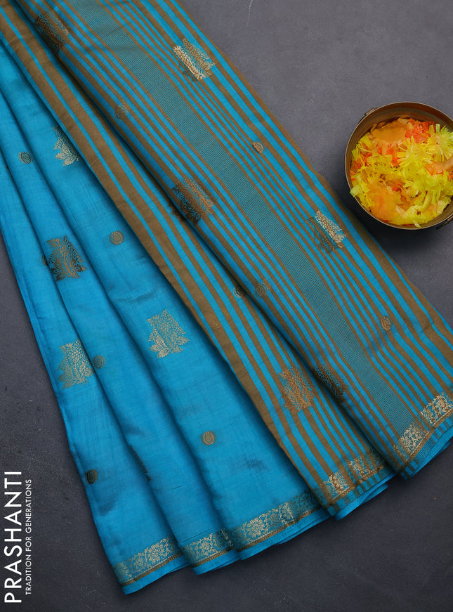 Semi raw silk saree cs blue with woven buttas and zari woven border