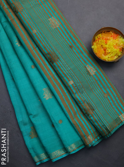 Semi raw silk saree teal green with woven buttas and zari woven border
