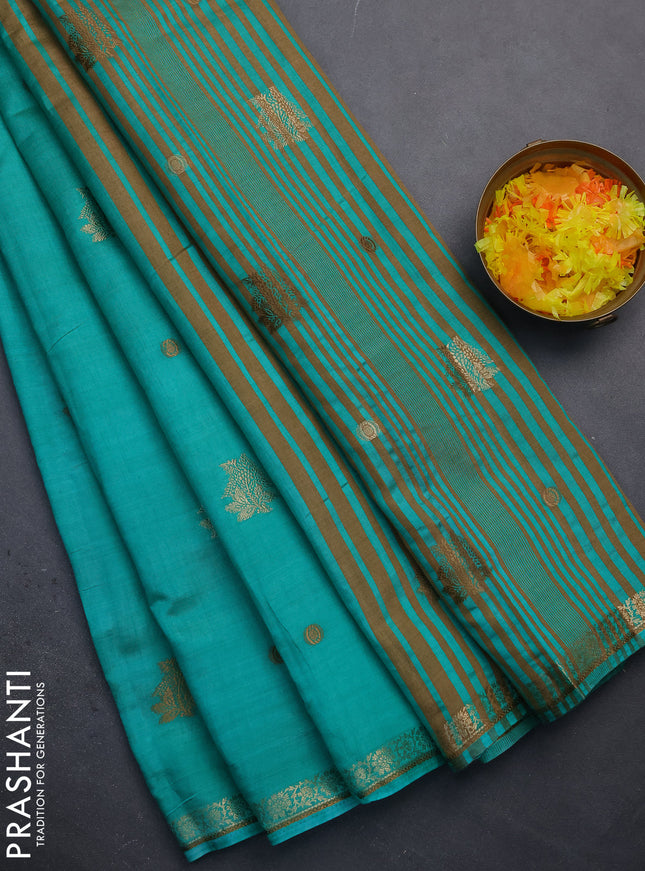 Semi raw silk saree teal green with woven buttas and zari woven border
