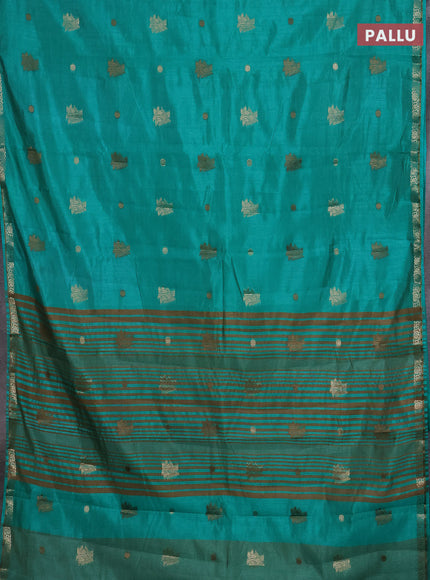 Semi raw silk saree teal green with woven buttas and zari woven border