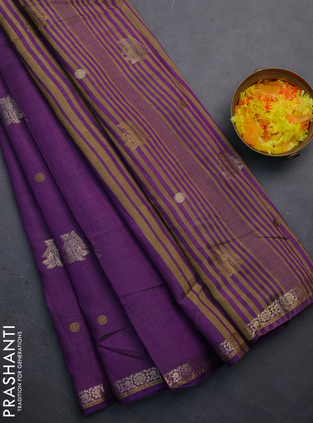 Semi raw silk saree violet with woven buttas and zari woven border