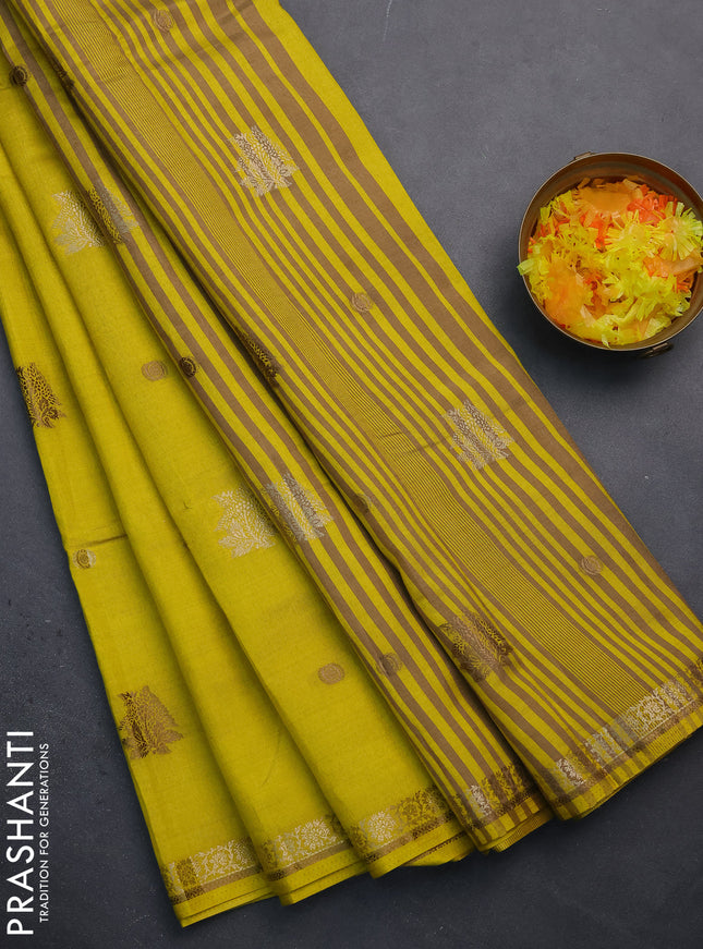 Semi raw silk saree lime yellow with woven buttas and zari woven border