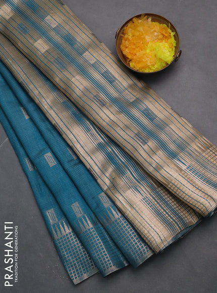Semi raw silk saree cs blue with thread & zari woven buttas and temple design zari woven border