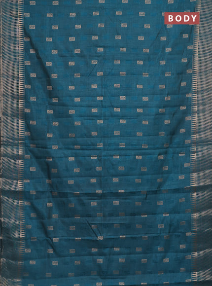 Semi raw silk saree cs blue with thread & zari woven buttas and temple design zari woven border