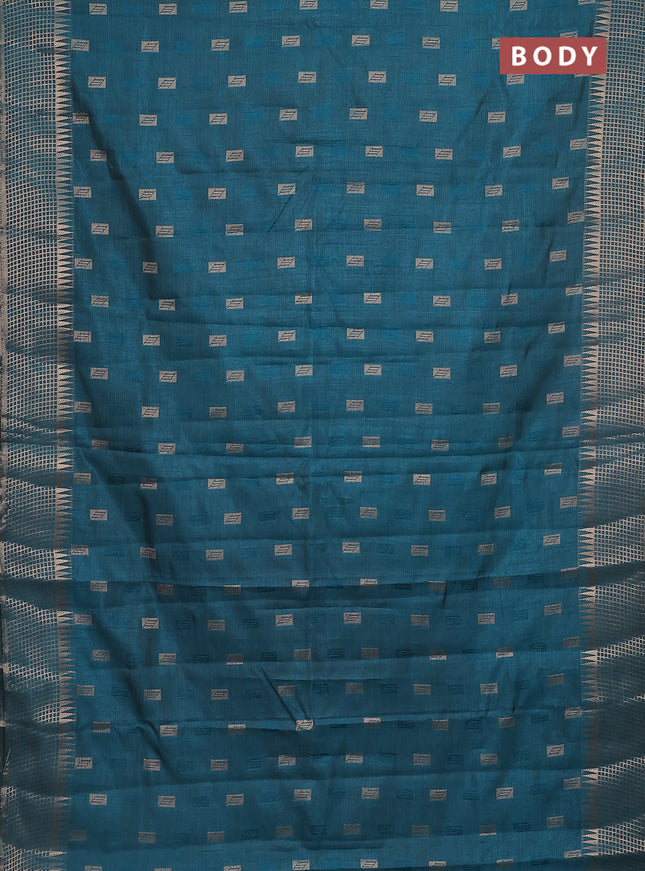 Semi raw silk saree cs blue with thread & zari woven buttas and temple design zari woven border