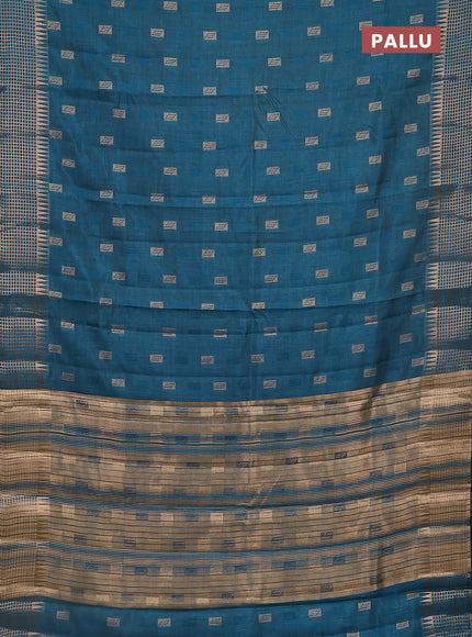 Semi raw silk saree cs blue with thread & zari woven buttas and temple design zari woven border