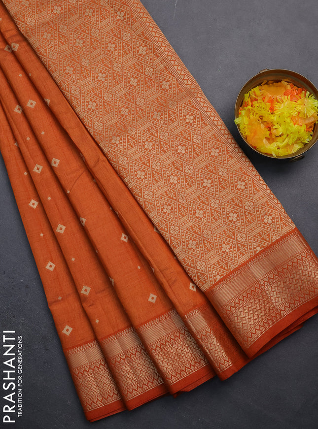 Semi raw silk saree rustic orange with zari woven buttas and zari woven border