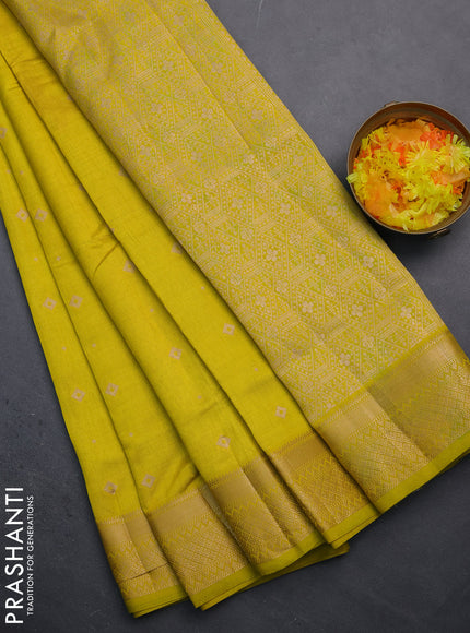 Semi raw silk saree lime yellow with zari woven buttas and zari woven border