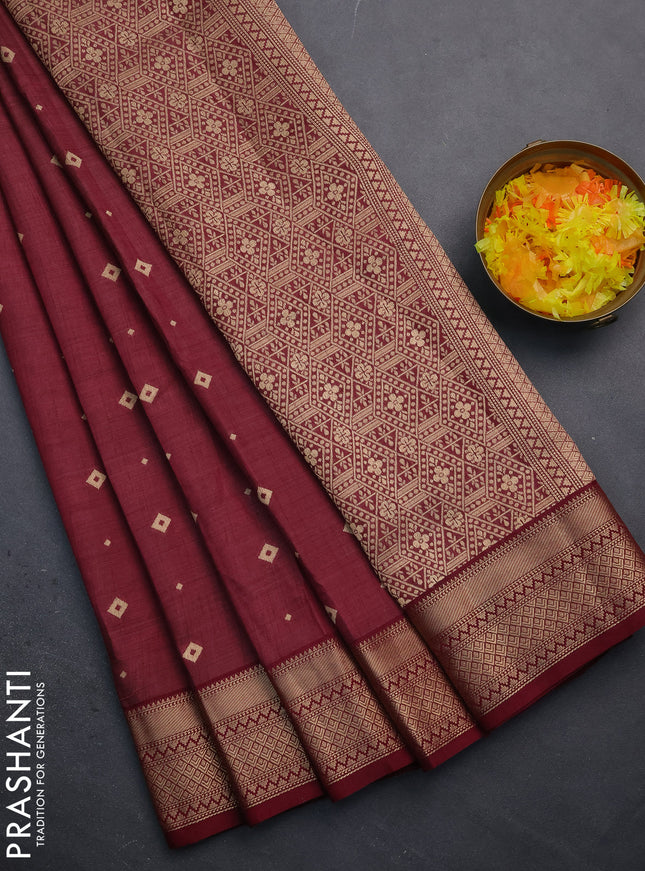 Semi raw silk saree wine shade with zari woven buttas and zari woven border