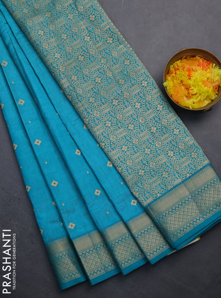 Semi raw silk saree teal blue with zari woven buttas and zari woven border