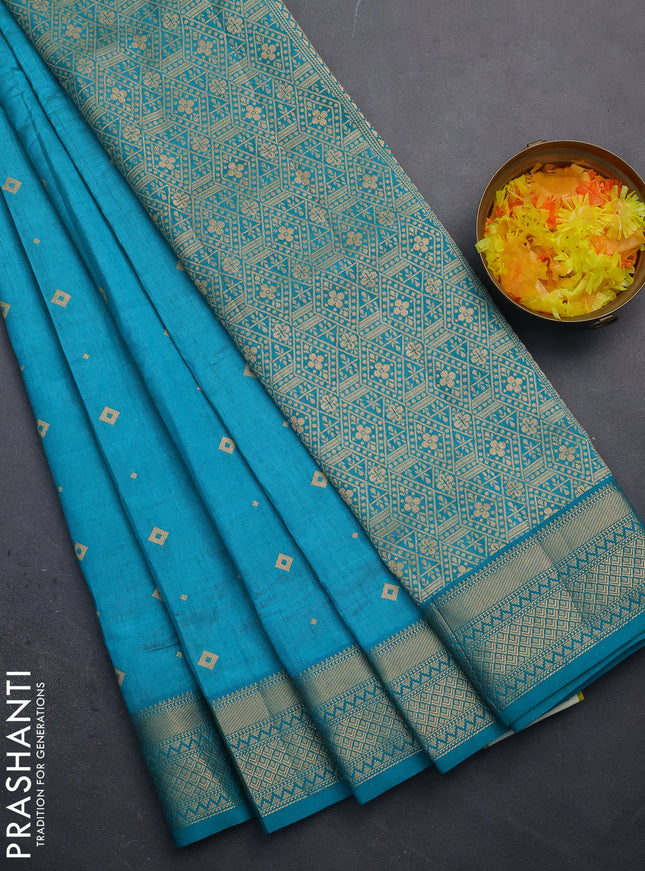 Semi raw silk saree teal blue with zari woven buttas and zari woven border