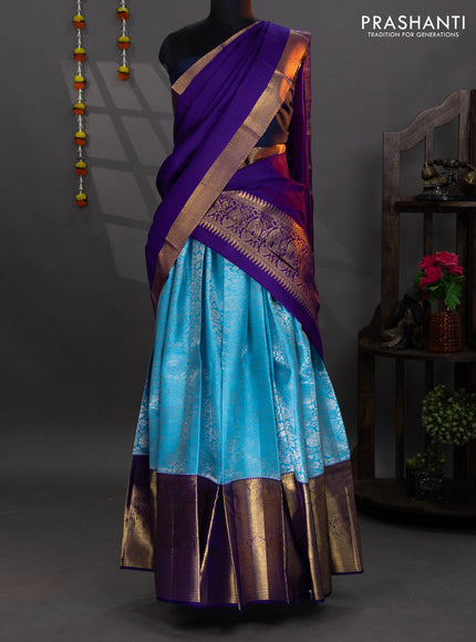Pure kanchipuram silk lehenga light blue and violet with allover silver zari brocade weaves and long zari woven border