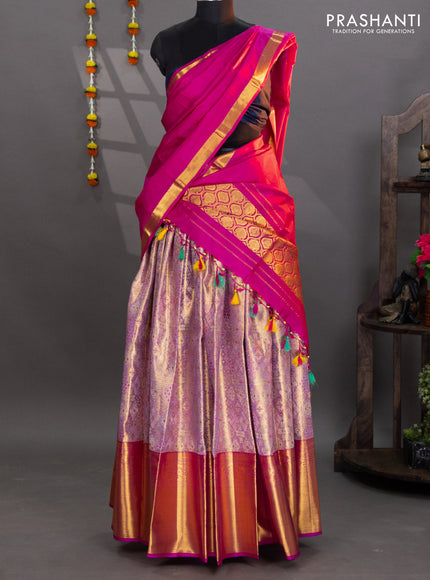 Pure kanchipuram tissue silk lehenga dual shade of lavender and pink with allover brocade weaves and long zari woven border