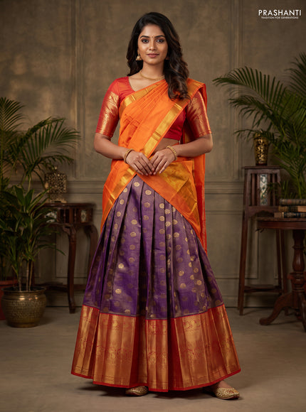 Pure kanchipuram silk lehenga violet and orange with allover zari checks & annam buttas and long zari woven border